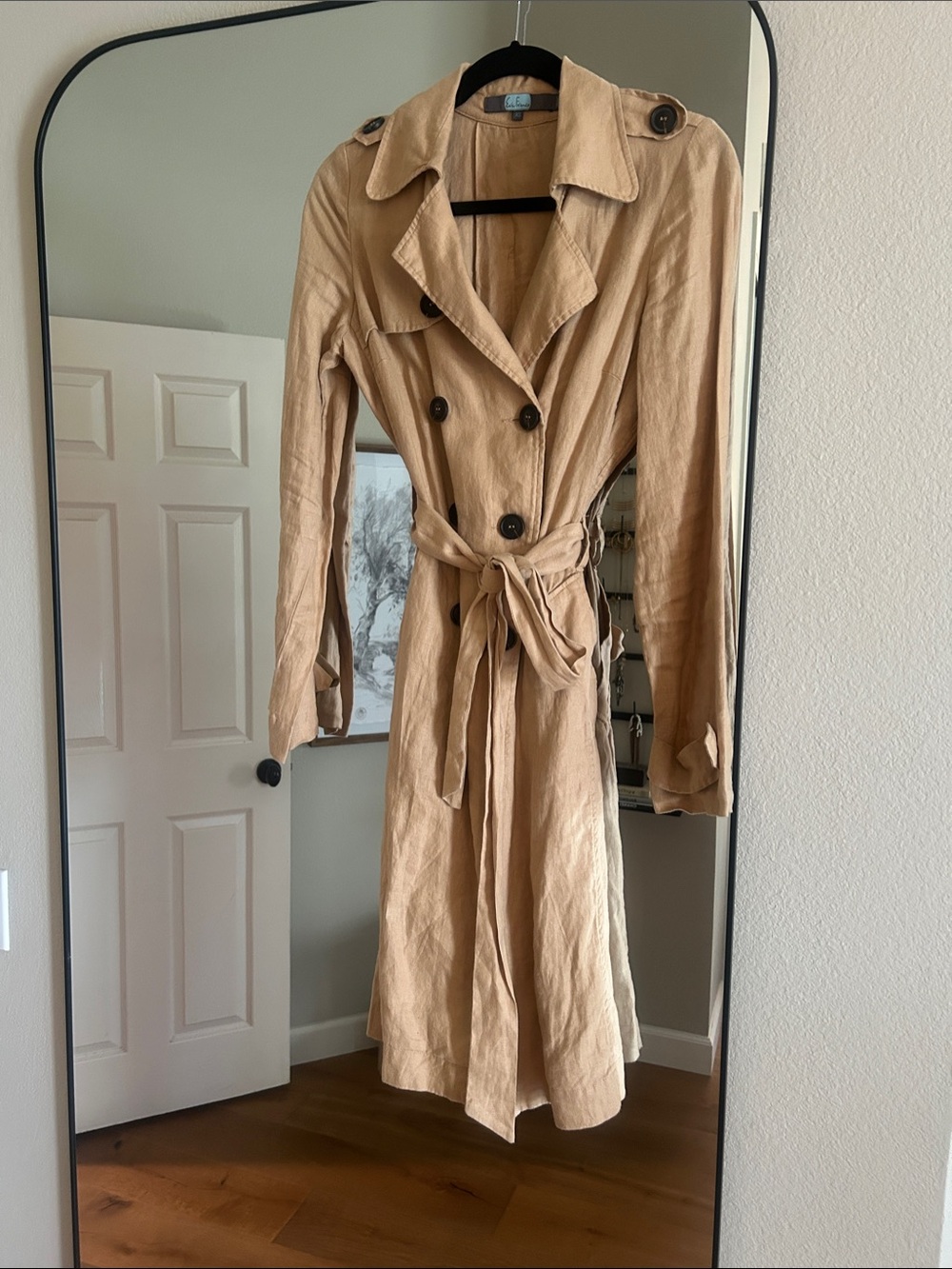 Anthropologie- Eva Franco 100% Linen Neutral Tan Trench Coat with Waist Tie